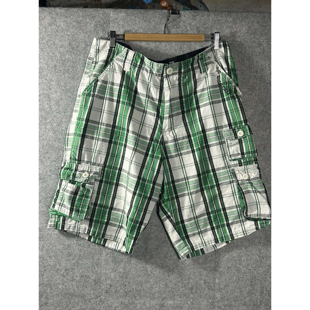 Ecko Unltd Mens Y2K Plaid Cargo Shorts Sz 34 Green White Black Cotton Streetwear